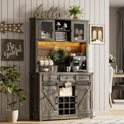 WALYWIK Farmhouse 72'' Coffee Bar Cabinet with LED Light and Power Outlet, Large Kitchen Hutch with 3 Drawers and Wine Glass Rack, Sliding Barn Door Tall Wine Cabinet for Home Bar, Dark Oak